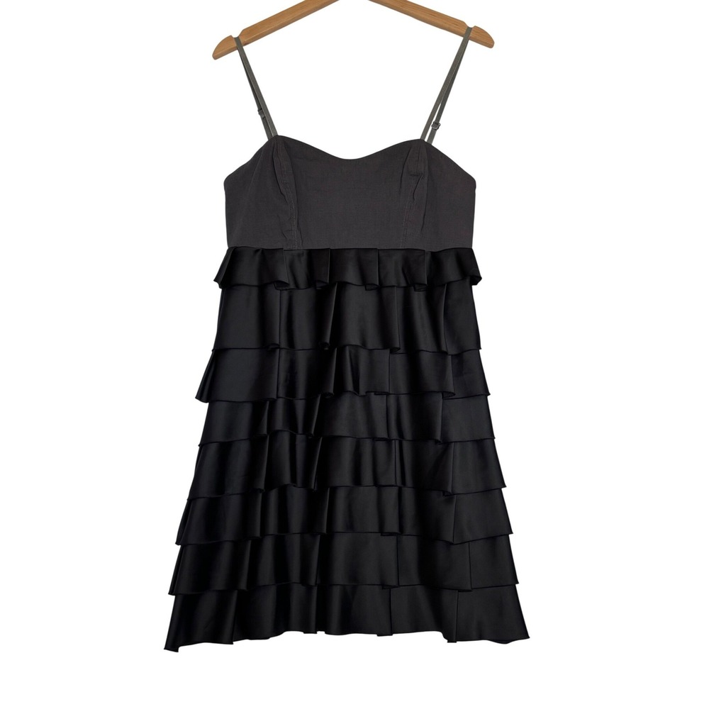B.tru Women Grey Black Tiered Ruffle Satin Mini Dress Sweetheart Neck Size L Y2K